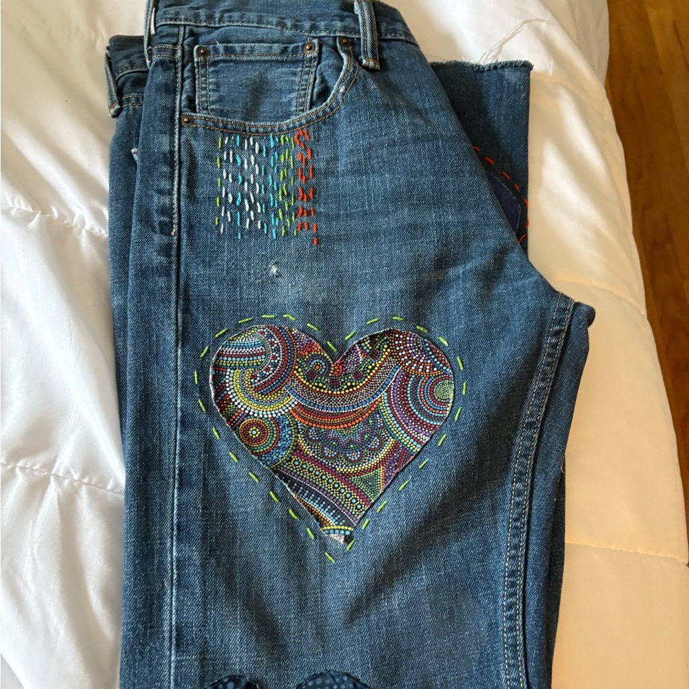 Embroidered Blue Jeans with Heart Design